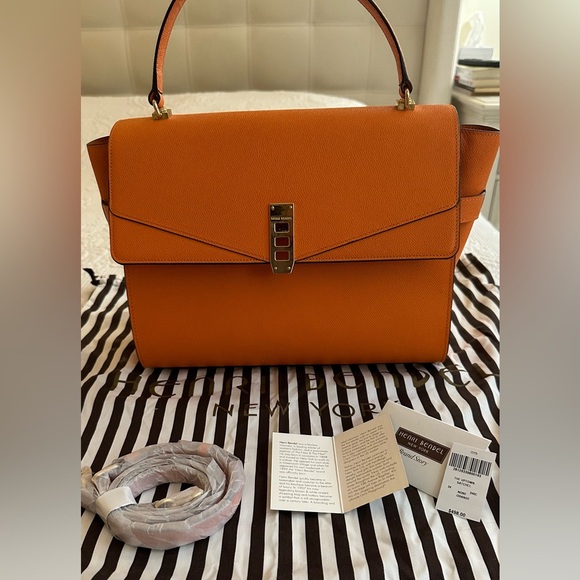 HENRI BENDEL Uptown Orange Leather Turnlock Top Handle Flap Satchel Bag